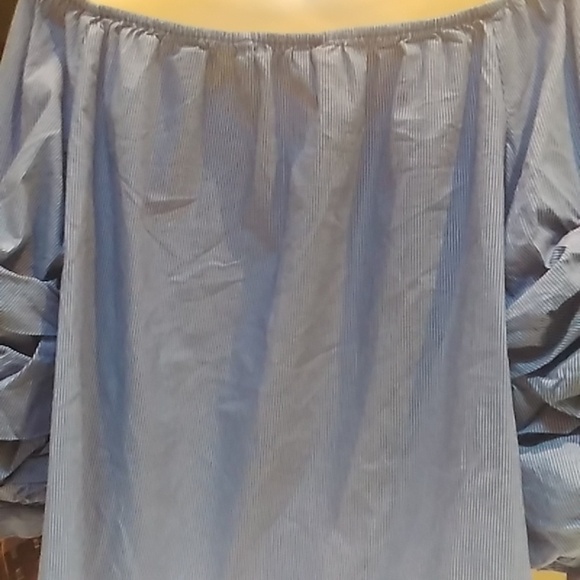 NEW Zara Off the Shoulders Blue with White Stripes Blouse 3/4 Puff Ruffle Sleeve - Picture 7 of 16